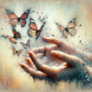 Butterflies flying out of hands that are open wide.