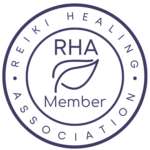 Reiki Healing Association member badge, featuring a circular design with a leaf and the acronym "RHA," indicating membership and credibility in Reiki healing.